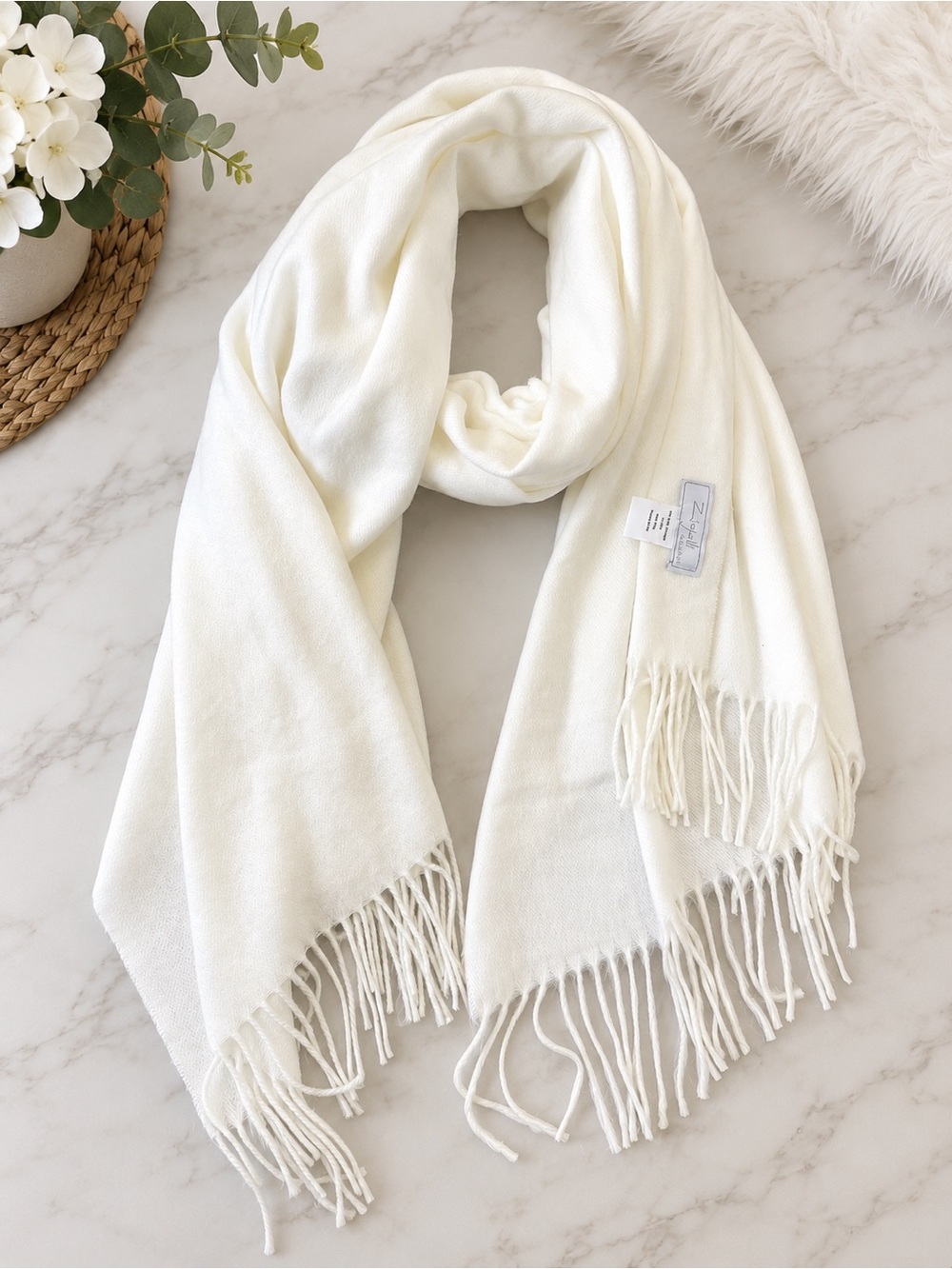 Zighilli White Fringe Scarf Made in Italy | Soft Acrylic Wrap Shawl